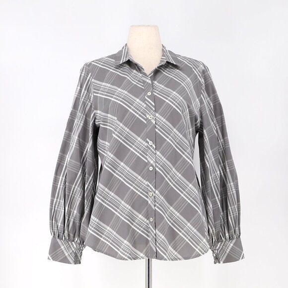 CHICO'S Poplin Billow Sleeve Gray Plaid Button Front Shirt Size 2 (US 12) - Picture 3 of 8